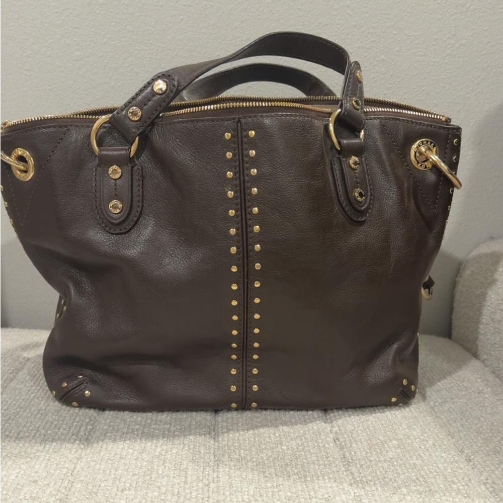Michael Kors Brown Leather Studded Tote with Gold Hardware - Picture 3 of 6